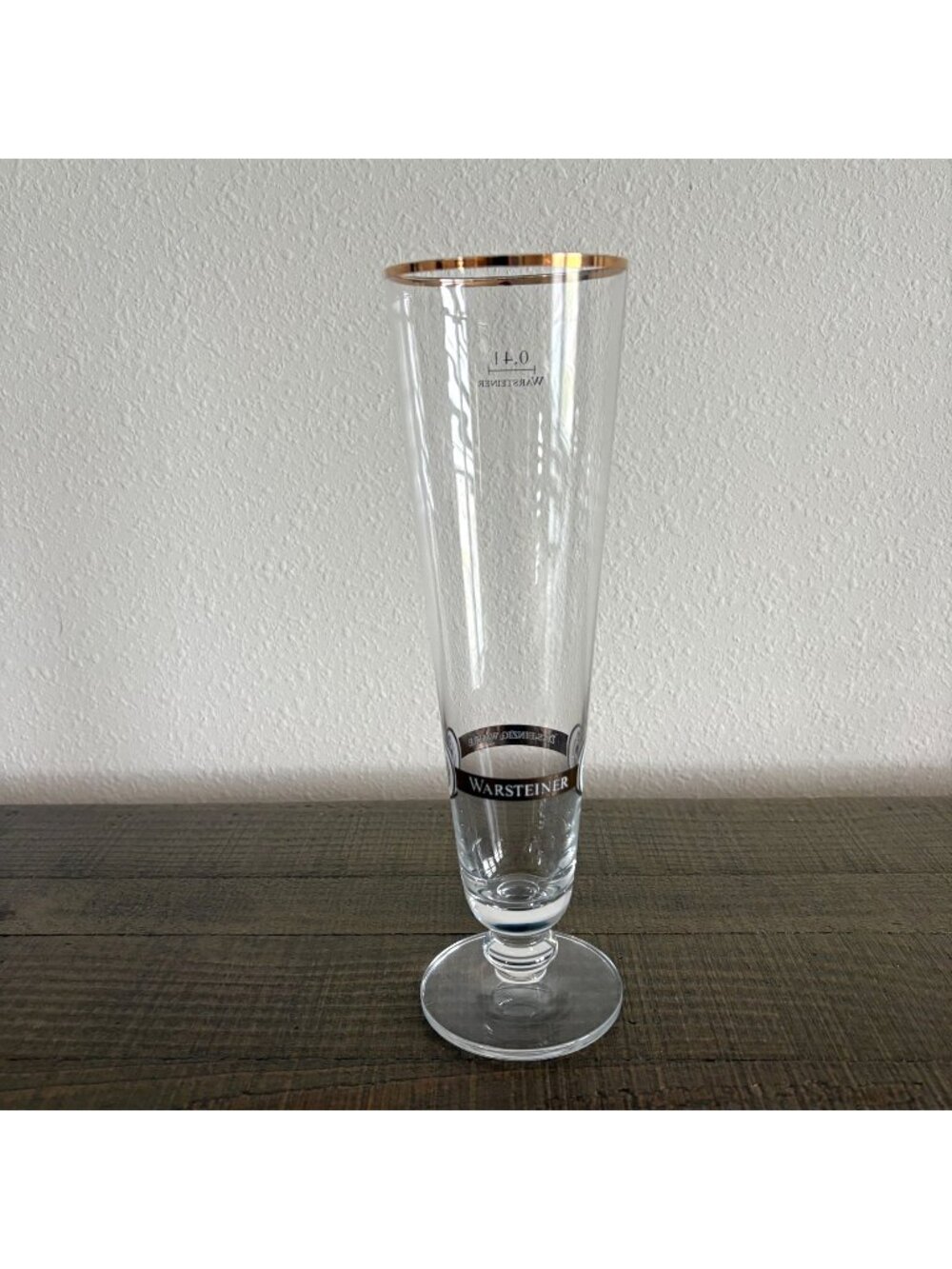 Warsteiner Tall Beer Pilsner Glass 0.4L Footed Fluted Gold‎ Rim Barware